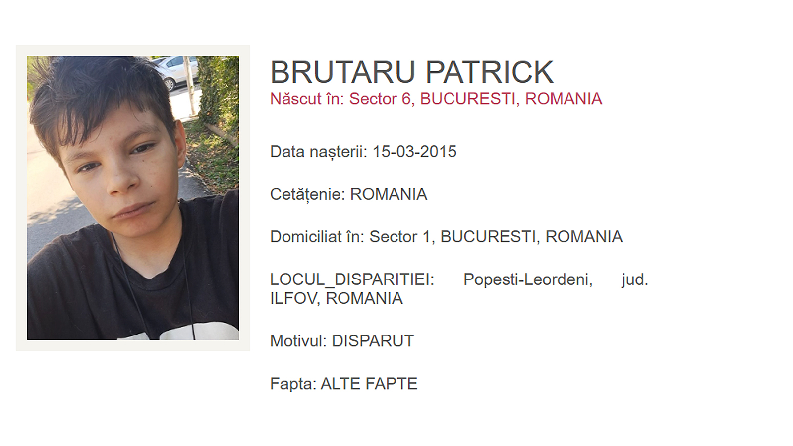 Patrick Brutaru, copil dispărut din Popești-Leordeni, căutat de Poliția Română