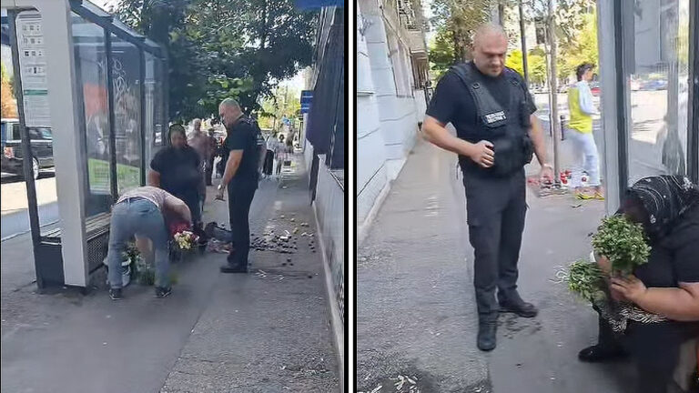 Polițist local din Sectorul 1 în timpul unei intervenții asupra unei femei care vindea legume pe stradă în București