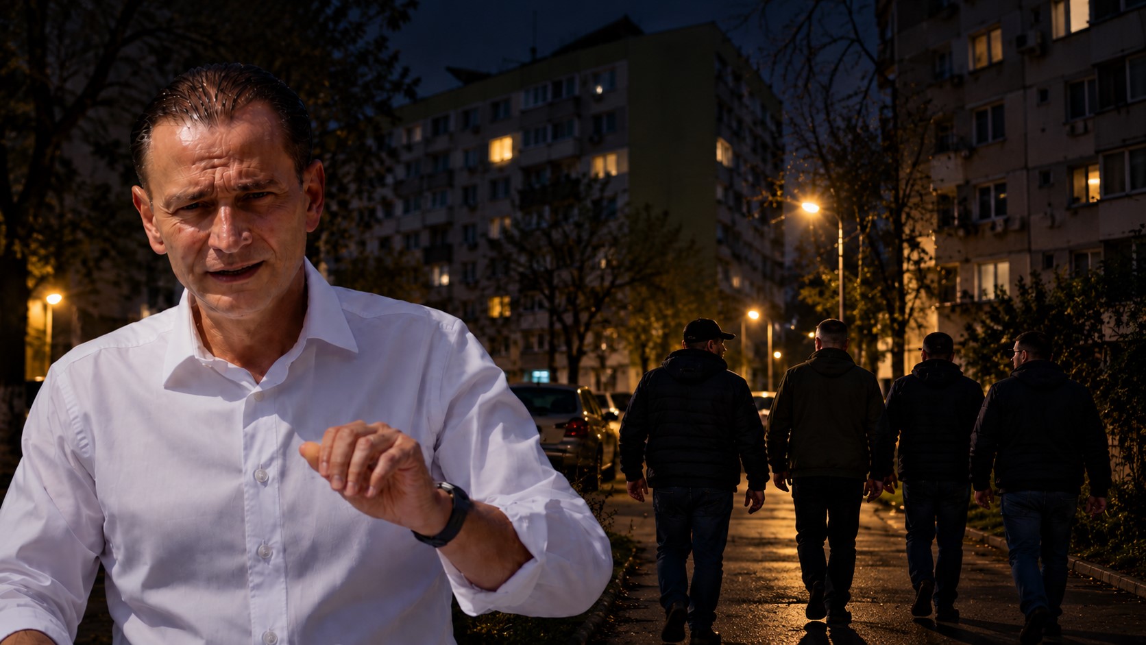 Daniel Băluță în prim-plan, într-un cartier din București, cu un grup de bărbați care patrulează seara printre blocuri
