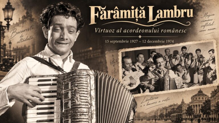 Fărâmiță Lambru cântând la acordeon, într-un colaj vintage dedicat marelui lăutar român, cu imagini din Bucureștiul de altădată.