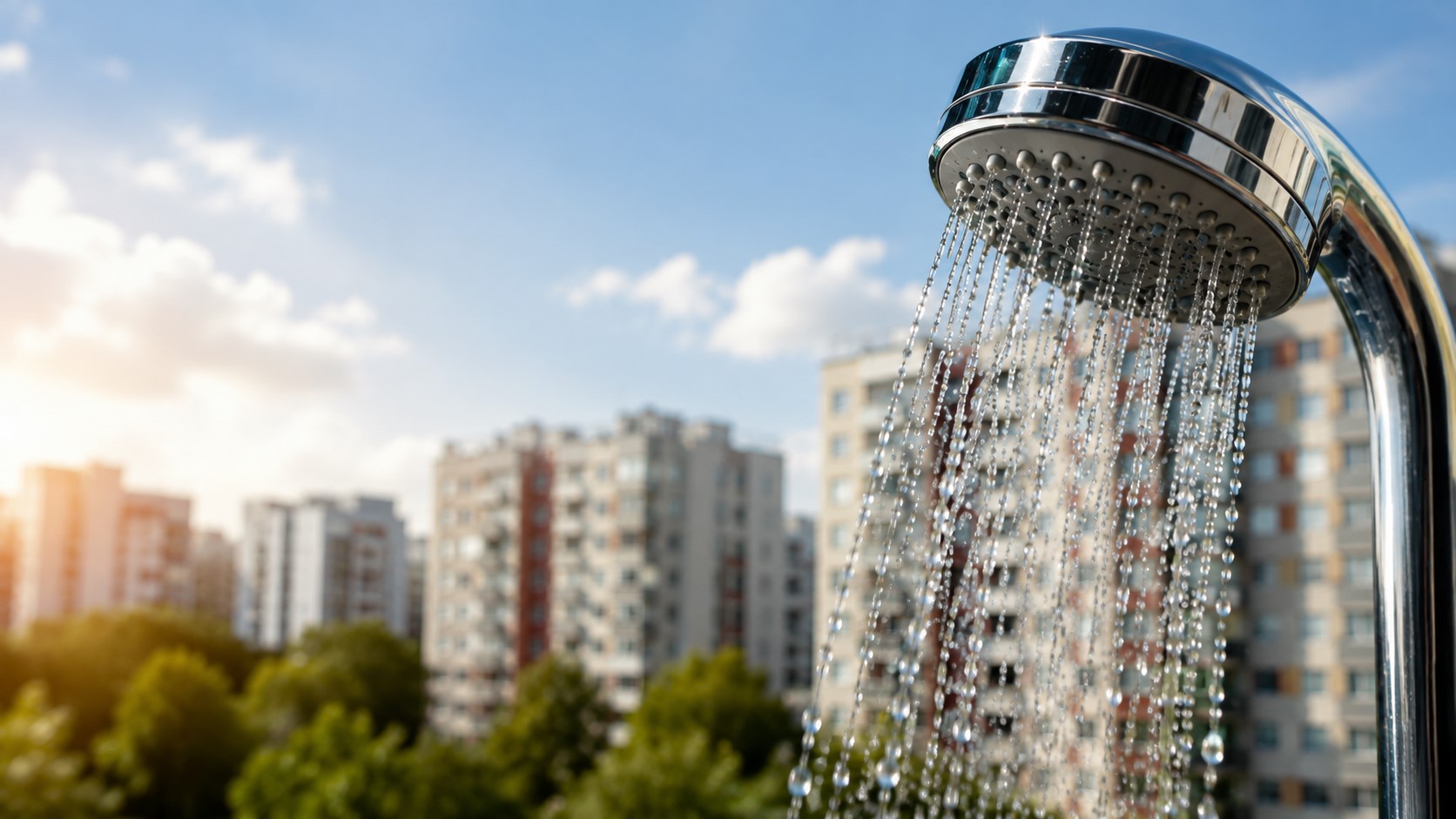 Duș cu apă curentă pe fundalul blocurilor din București, imagine ilustrativă pentru furnizarea apei calde
