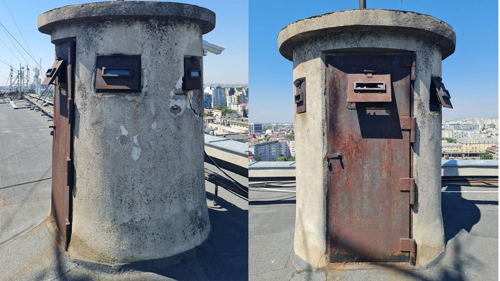Turetă militară de observație pe acoperișul clădirii CFR din București, cu ușă metalică blindată și fante de supraveghere