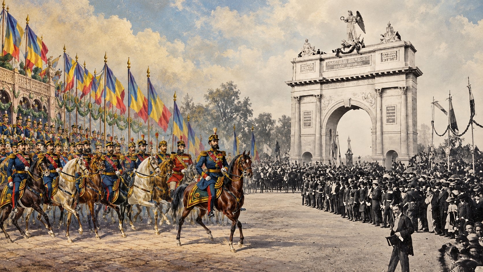 Reconstituire istorică a intrării triumfale a Armatei Române în București, după Războiul de Independență din 1877–1878, cu militari călare, drapele tricolore și mulțimi de oameni.