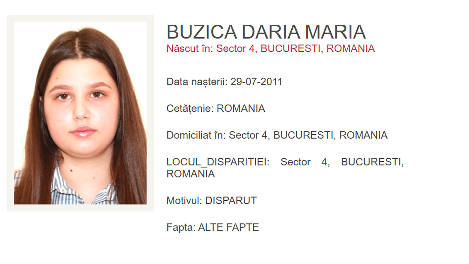 Buzică Daria-Maria, minoră în vârstă de 15 ani, dispărută pe 8 octombrie 2026 din Sectorul 4 al Bucureștiului, căutată de Poliția Capitalei.