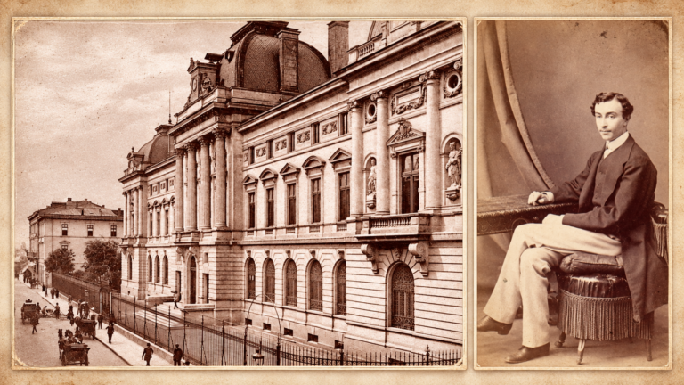 Colaj istoric în tonuri sepia, cu o clădire monumentală din Bucureștiul de altădată și portretul unui tânăr politician român din secolul al XIX-lea.