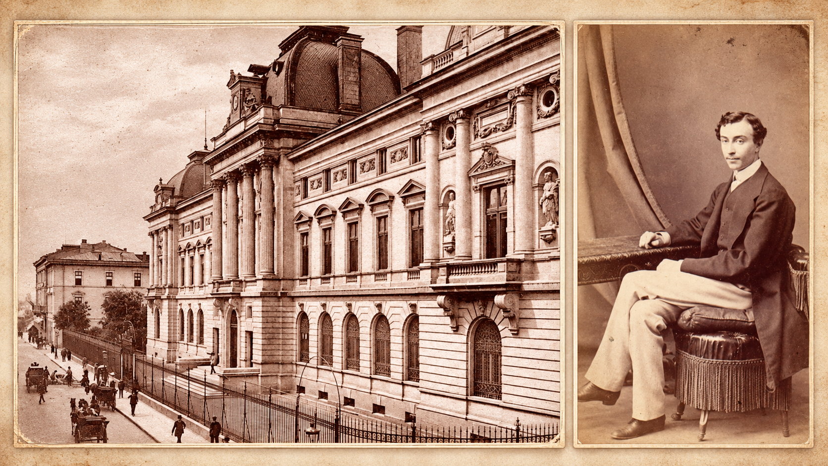 Colaj istoric în tonuri sepia, cu o clădire monumentală din Bucureștiul de altădată și portretul unui tânăr politician român din secolul al XIX-lea.