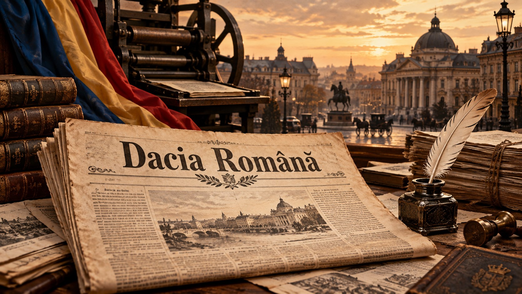 Periodicul politic și literar Dacia Română, apărut la București în 1866, ilustrat într-o atmosferă de epocă alături de o tiparniță și simboluri românești.