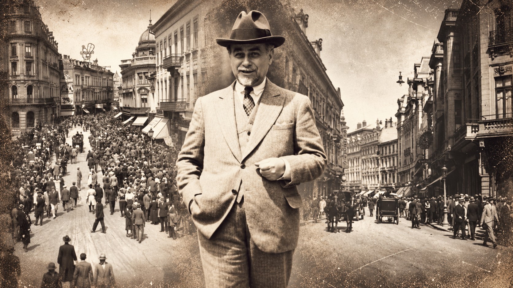 Ilustrație de epocă pentru Dem I. Dobrescu, primarul Târnăcop, pe fundalul Bucureștiului interbelic