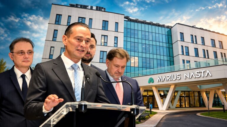 Conferință de presă susținută de oficiali români în fața Spitalului de Pneumoftiziologie Marius Nasta din București.
