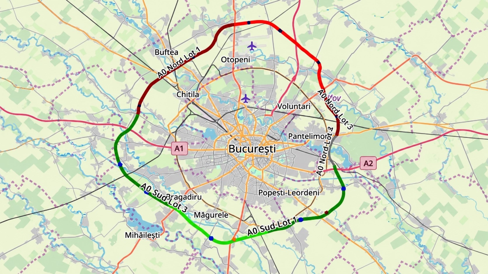 Hartă a Autostrăzii A0 București, cu traseele A0 Nord și A0 Sud, loturile de autostradă și conexiunile cu A1 și A2.
