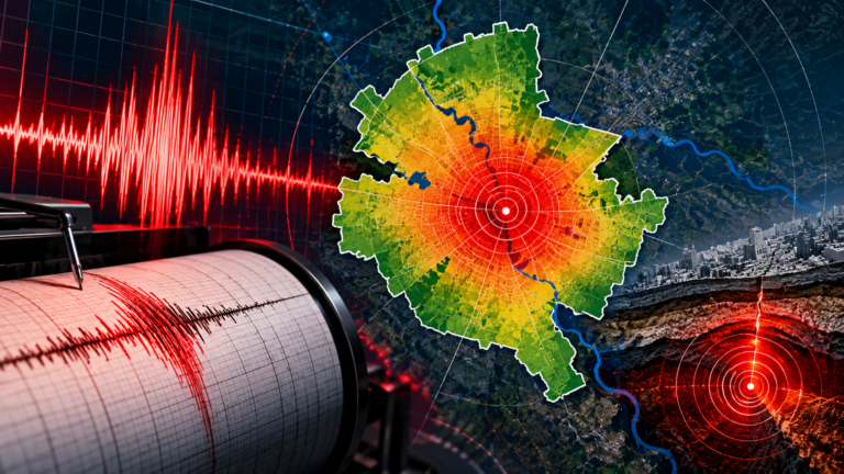 Hartă a riscului seismic din București, ilustrată prin zone colorate în funcție de vulnerabilitate, unde seismice și o diagramă roșie înregistrată de un seismograf.