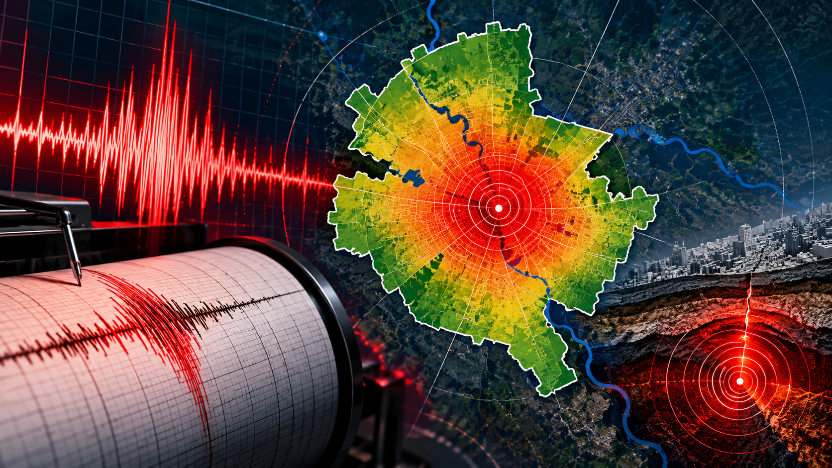 Hartă a riscului seismic din București, ilustrată prin zone colorate în funcție de vulnerabilitate, unde seismice și o diagramă roșie înregistrată de un seismograf.
