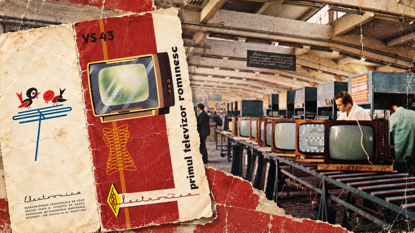 Televizoare românești vintage și reclamă la televizorul Rominesc VS 43, simboluri ale industriei electronice din România comunistă.