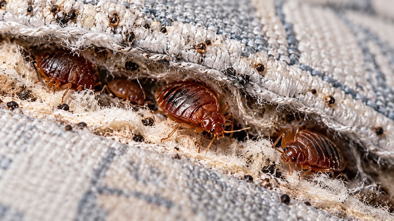 Infestare cu ploșnițe de pat ascunse în cusătura unei saltele, imagine detaliată a insectelor și urmelor de infestare.