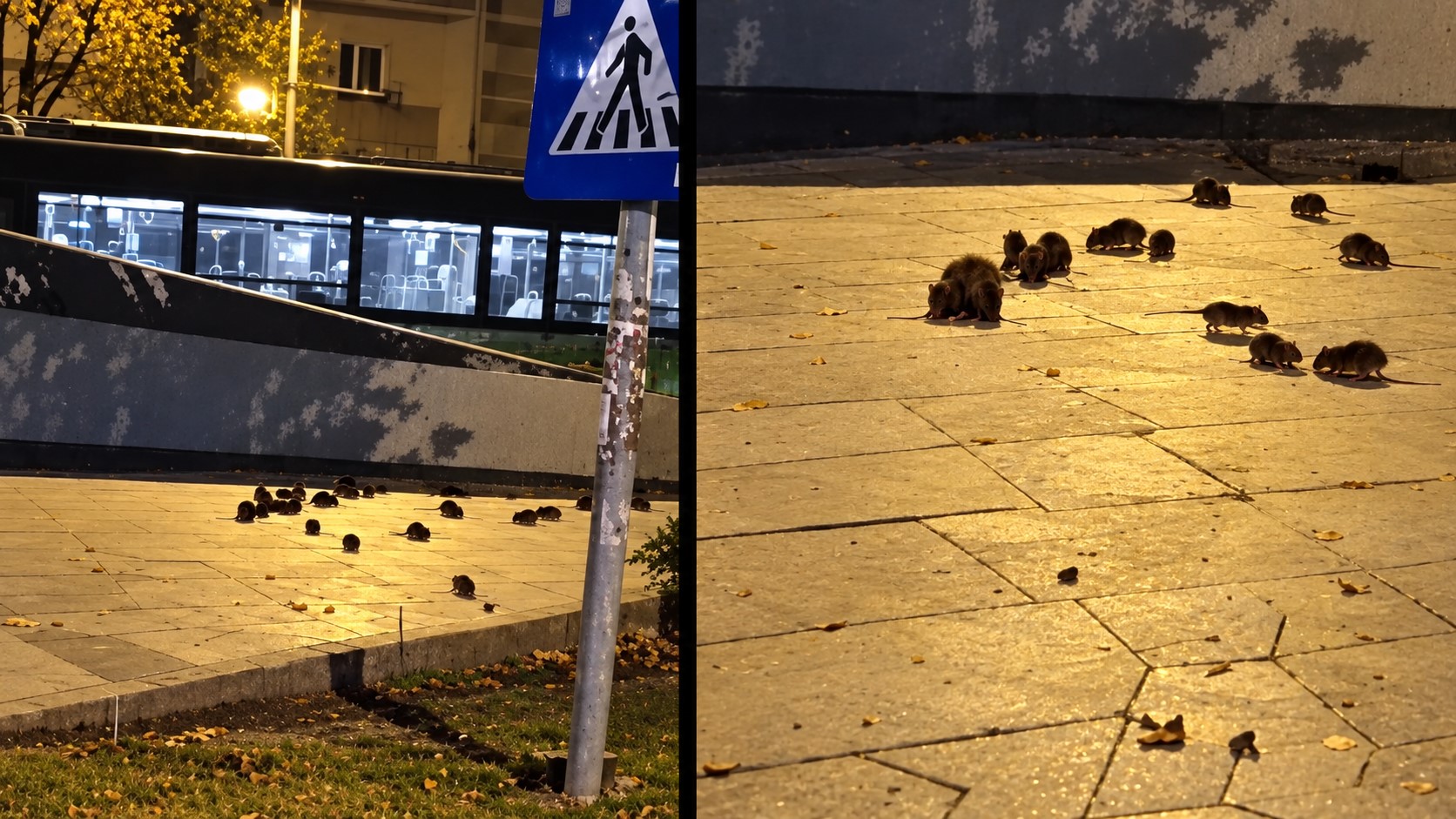 Zeci de șobolani surprinși noaptea în Piața Sfânta Vineri din București, în apropierea unei treceri de pietoni, în centrul Capitalei.