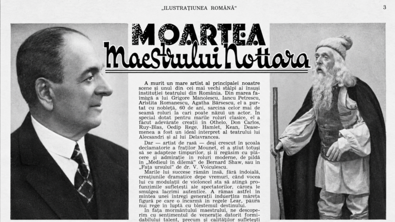 Constantin I. Nottara, portret și fotografie în rolul regelui Lear, într-un articol comemorativ publicat în revista Ilustrațiunea Română, în 1935.