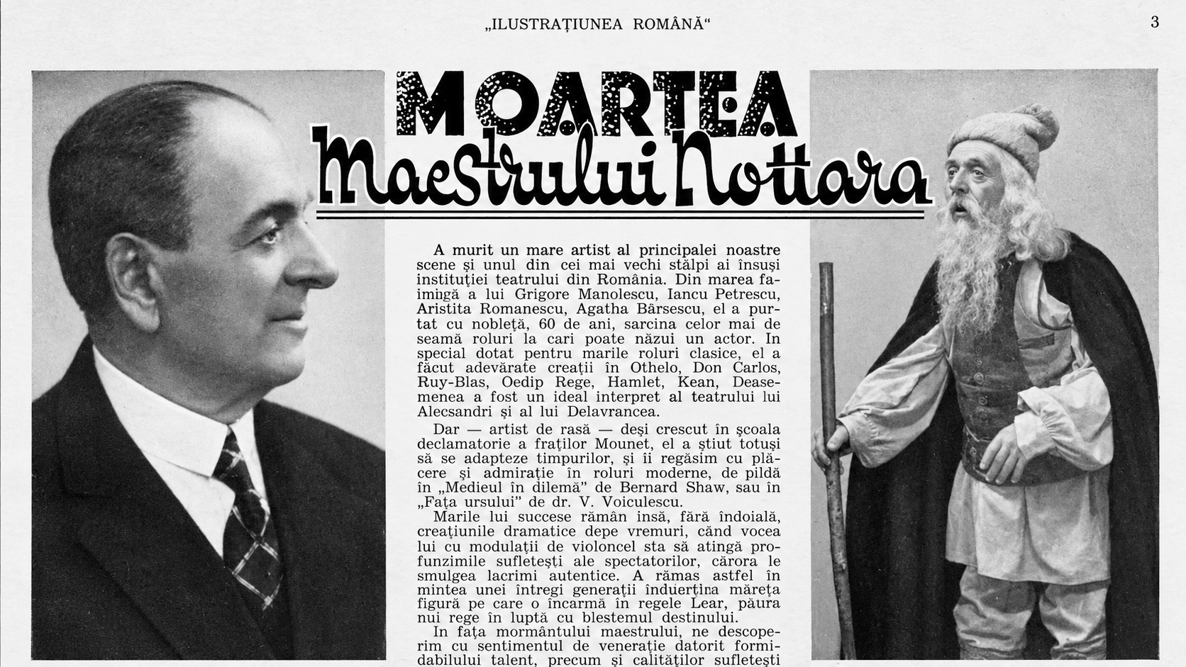 Constantin I. Nottara, portret și fotografie în rolul regelui Lear, într-un articol comemorativ publicat în revista Ilustrațiunea Română, în 1935.