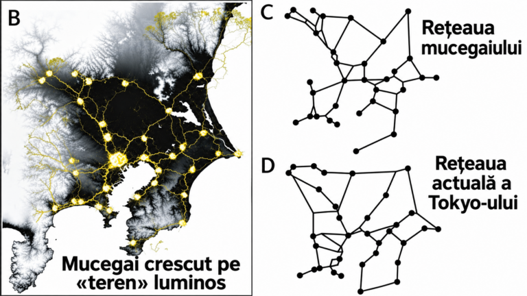 Comparație între rețeaua formată de mucegaiul Physarum polycephalum și rețeaua feroviară din Tokyo, experiment japonez inspirat de natură pentru optimizarea transportului.