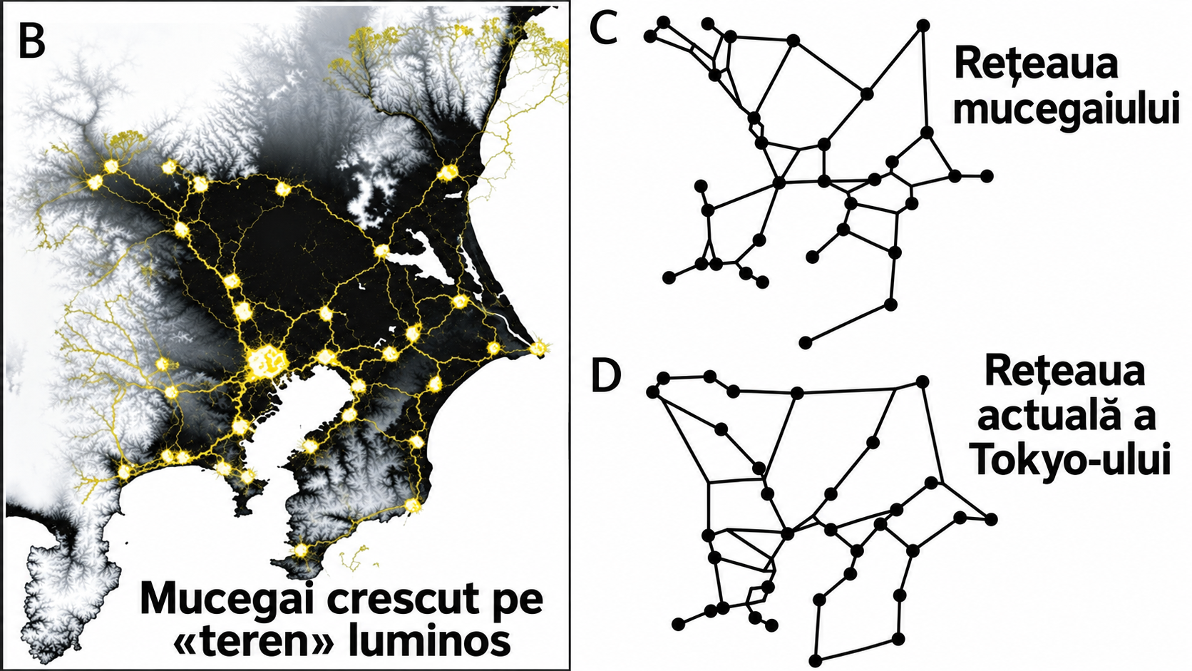 Comparație între rețeaua formată de mucegaiul Physarum polycephalum și rețeaua feroviară din Tokyo, experiment japonez inspirat de natură pentru optimizarea transportului.